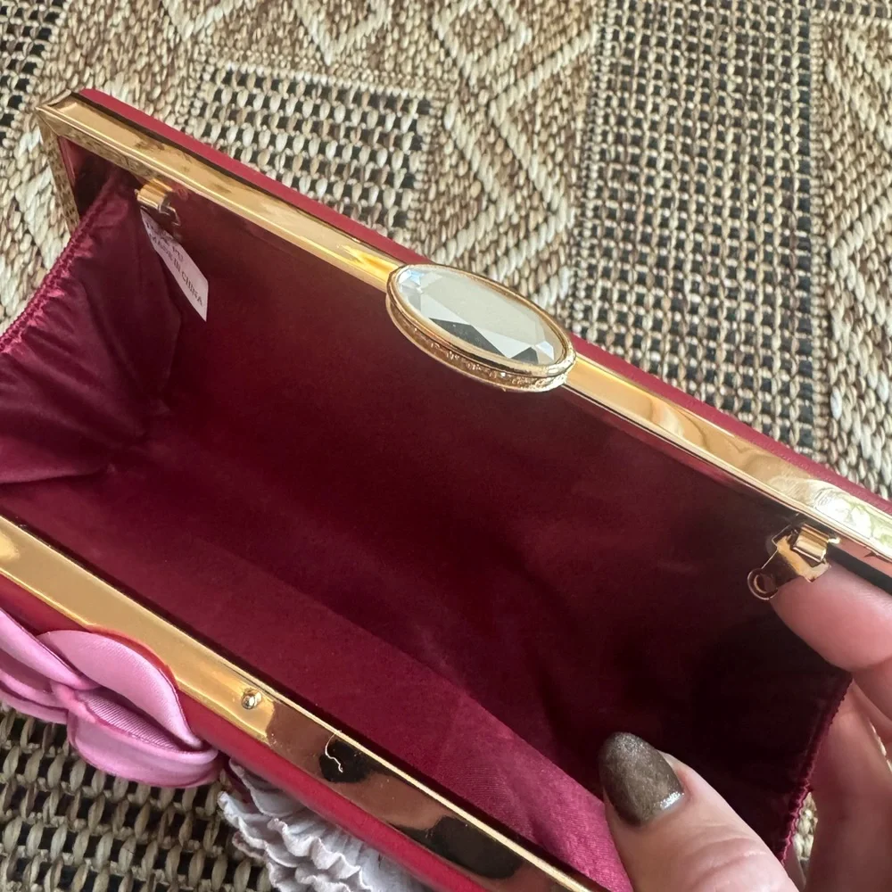 Floral & Pearl Red Evening Clutch Rhinestone Closure